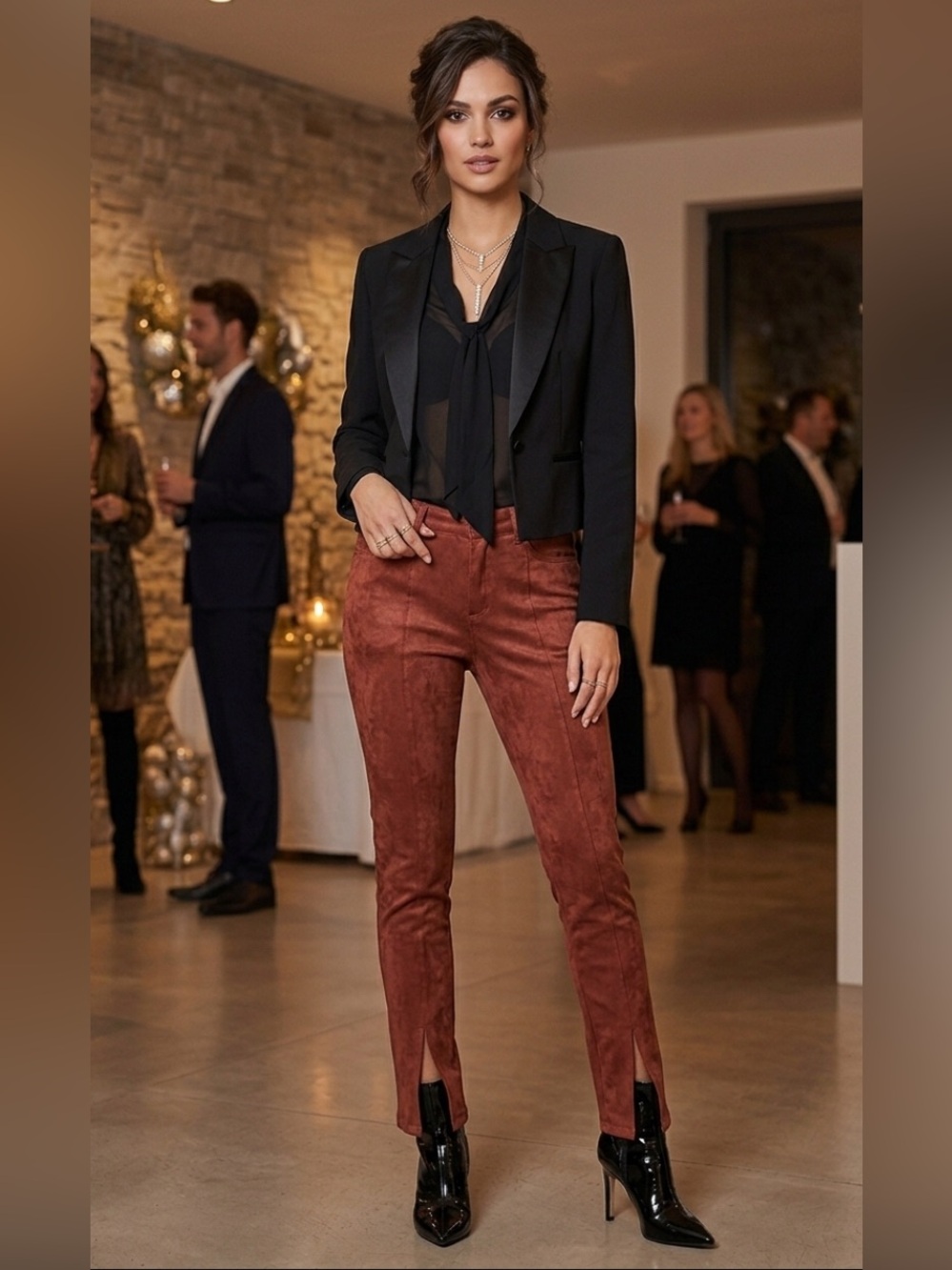 NWT ONLY Cognac Faux Suede Front Split Seam Tailored Stretch 8 Autumn Rich Hue